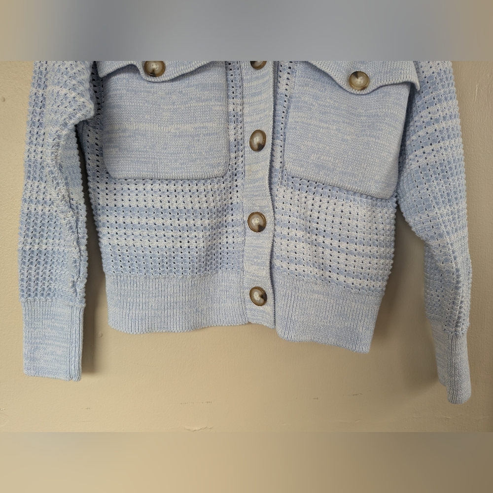 Design 365 Crocheted Knit Two Pocket Sweater Cardigan Coat Jacket, Blue (XS) - Picture 3 of 15